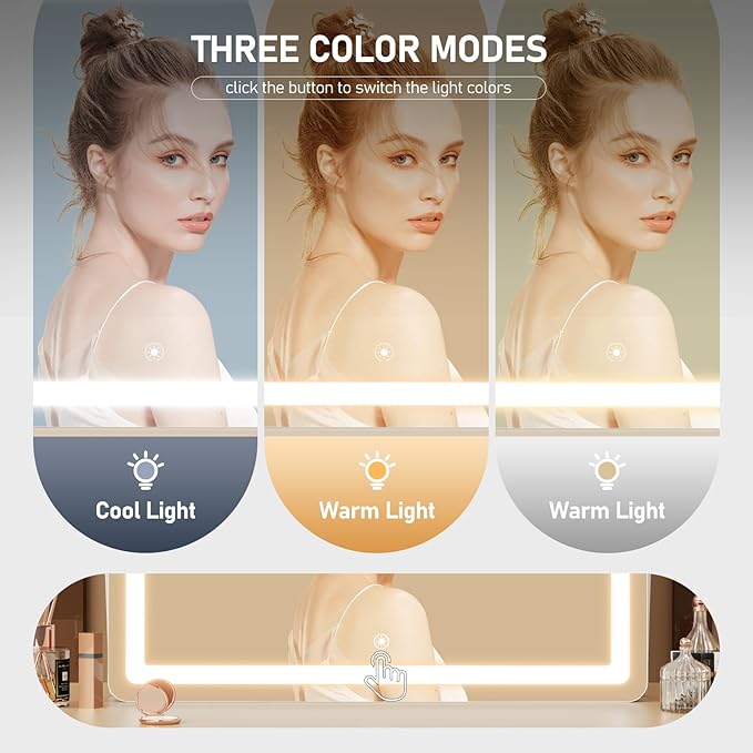 Ligheted Vanity Mirror with Lights, 14" x 12" LED Makeup Mirror, 3 Modes Light, Smart Touch Control Dimmable, 360°Rotation, Rectangle White Frame