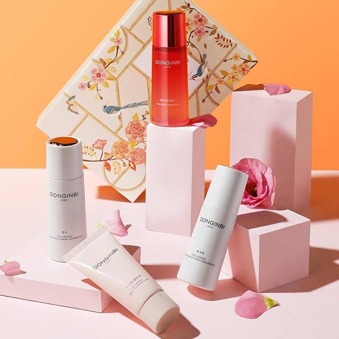 Donginbi Red Ginseng Essential Skin Care Set - Firming Moisturizer(1.69 floz), Hydrating Toner(2.37 floz), Korean Red Ginseng Essence(2.37 floz), Pore Cleaner(1.69 floz), Korean Skin Care