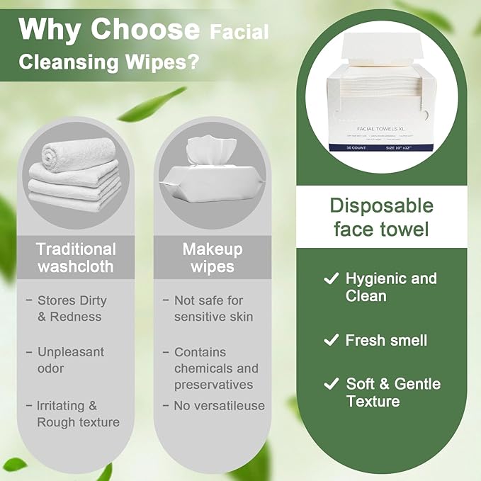 Face Towels Disposable, 12” x 10” Biobased Facial Towelettes, Large Soft & Thick Dry Wipes for Gentle Skincare, Face Washing & Makeup Removal, Lint-Free Clean Facial Towels, 100 Count