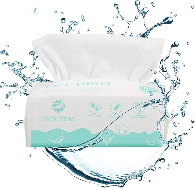 Tahoe Trails Disposable Face Towel, Soft Dry Wipe, Lint Free, Dry Wet Use for Sensitive Skin, Cotton Facial Tissue, Makeup Removing, Surface Cleaning 7.87 * 7.87inch, 80Count