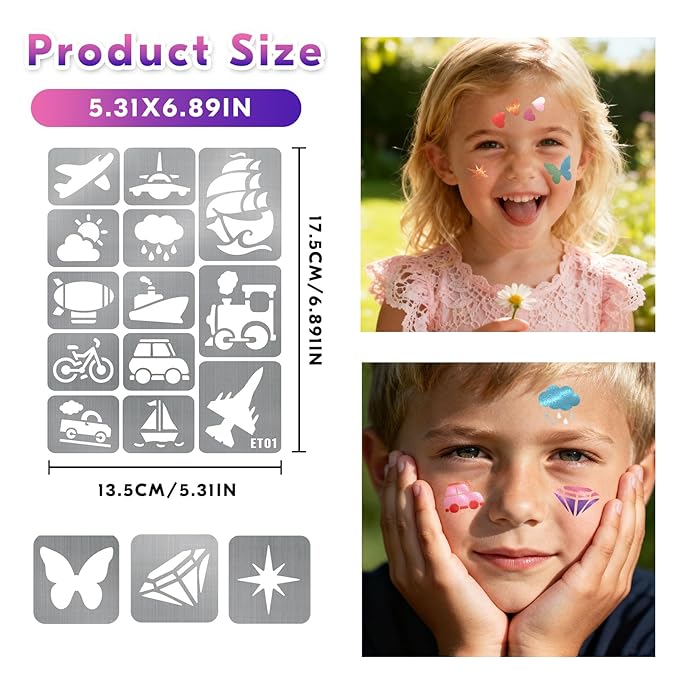 Temporary Tattoo Markers for Skin, 12 Metallic Body Markers + 183PCS Tattoo Stencils for Kids Adults Women Men Body Face Painting Marker Set, Cosmetic Tattoos Pens for School Show Party Christmas Gift