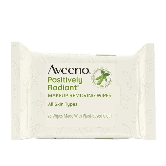Aveeno Positively Radiant Alcohol Free Makeup Removing Face Wipes, Ultra Soft, Gentle, Non-Comedogenic Facial Cleansing Towelettes Leave Skin Feeling Clean & Soft, Sulfate Free, 25 ct