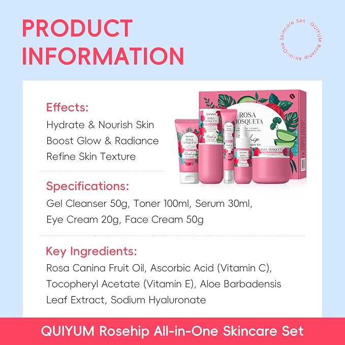 Skin Care Set, Rosehip & Vit-E Skincare Kits 5PCS- Restore Skin Elasticity, Refine Texture, Even Tone, Moisturizing, for All Skin Types, Valentine's Day Birthday Gift, Suitable for Cold Regions