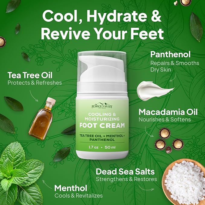 Pumice Valley 2 Pack Foot Cream for Dry Cracked Feet and Heels - Natural Moisturizer, Corn, Calluses Treatment - Skin, Body Lotion, Panthenol, Tea Tree Oil, Menthol 1.7 Oz
