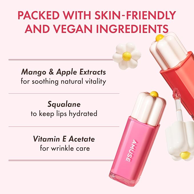 Amuse SEOUL Daisy Flower Dew Tint 01 LA VIE EN CORAL | 35% High-moisture Water Tint, Long-lasting, Vitamin E Acetate, Moisturizing, No Peel Off, Lip Treatment, Non Sticky, Korean Lip Tint for Dry Lips