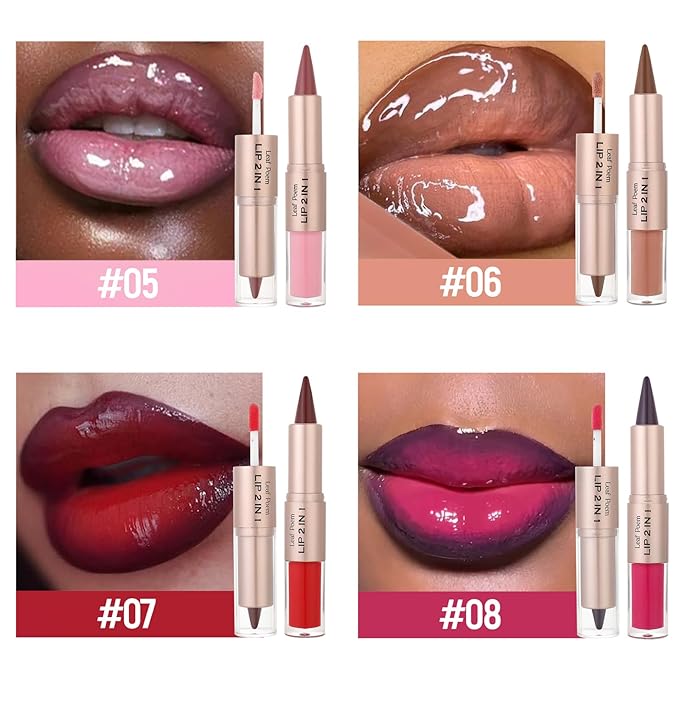 2-in-1 Double-Ended Matte Lip Liner & Lip Gloss Duo, Berry Pink Ombre Lip Combo Pencil, Lip Liner and Lipstick Gloss Set for Defined & Fuller Looking Lips, #03 Berry Pink