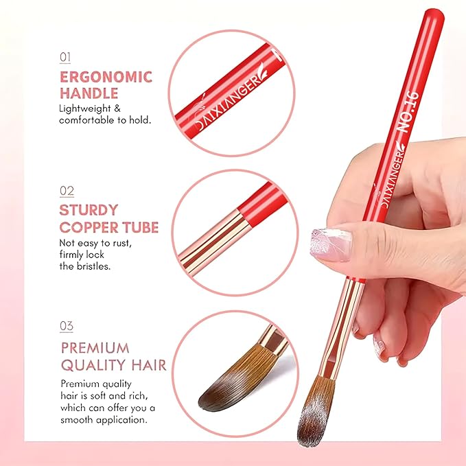 DAIXIANGER 5Pcs New Year Acrylic Nail Art Brush Set -Size 4/8/10/12/16, Red Handle Nail Brushes for Acrylic Application Powder & Nail Extension, 3D Nail Carving Tools for DIY Home Salon Manicure