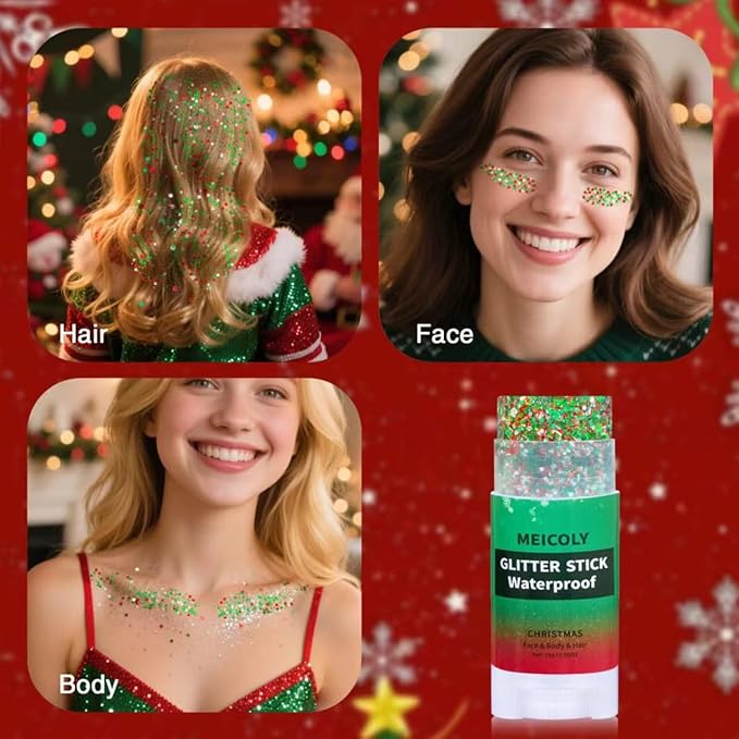 MEICOLY Christmas Face Glitter Stick,Christmas Hair Glitter for Kids and Women,Stocking Stuffers Gifts,Sparkle Chunky Christmas Makeup,Red Silver Green Body Glitter for Party Rave Festival
