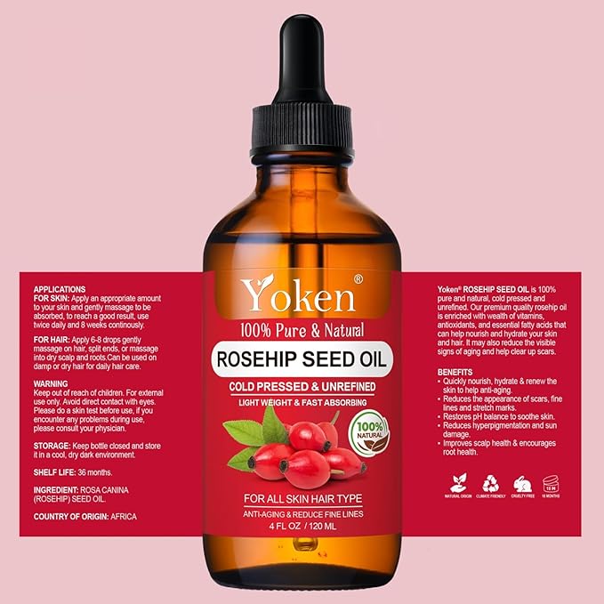 Yoken Rosehip Seed Oil for Face 4 fl oz 100 Pure & Natural Cold Pressed Unrefined Organic Rosehip Oil for Skin, Hair, Nails, Anti-Aging Facial & Gua Sha oil