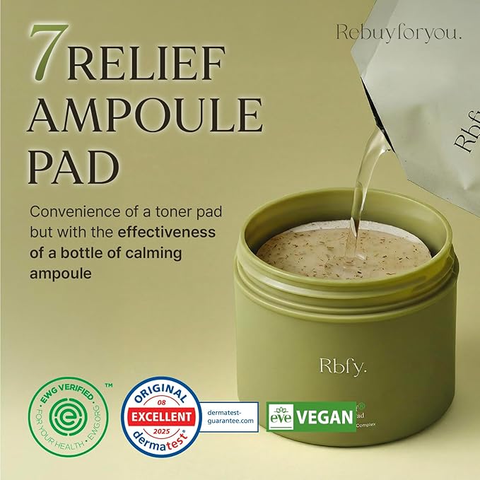 7 Relief Ampoule Pad (100 pads) – Quick Calming & Soothing Serum-Infused Toner Pads with 7 Herbal Blend, Moisturizing Comfort for Stressed and Sensitive Skin | Family-Friendly, Korean Skincare