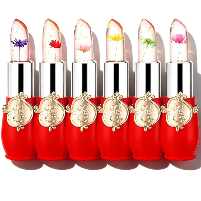 firstfly 6 Pcs/Set Flower Jelly Lipstick, Transferproof Color Change Lip Goss Moisturizer Long Lasting Nutritious Balm, Magic Temperature Change Clear ph Lipstick for Women (Red)