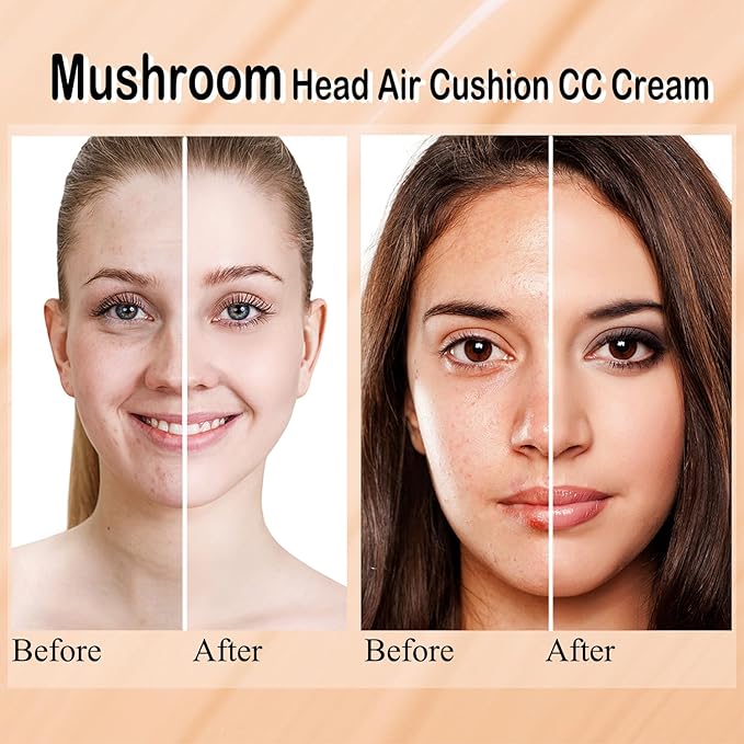 Mushroom Head Air Cushion CC Cream Nature Foundation, Moisturizing BB Cream, Long Lasting Matte Concealer, Bright Makeup Base with Mushroom Makeup Sponge (#04 Buff Beige)
