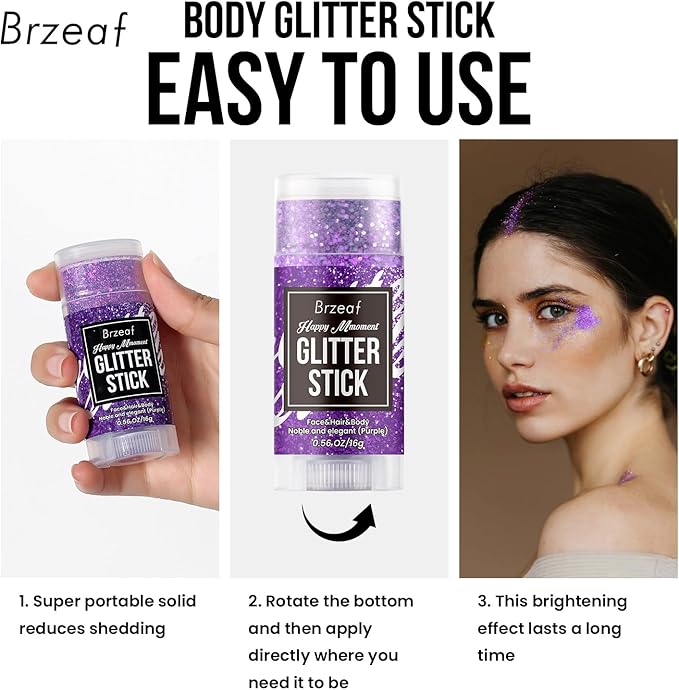 Brzeaf Purple Glitter Stick for Makeup, Not Greasy & Shimmery & Long Lasting, Chunky Glitter for Face/Body/Hair/Eyes, Singer Concert Music Christmas Rave Festival, Glitter Stick Makeup for Women Men