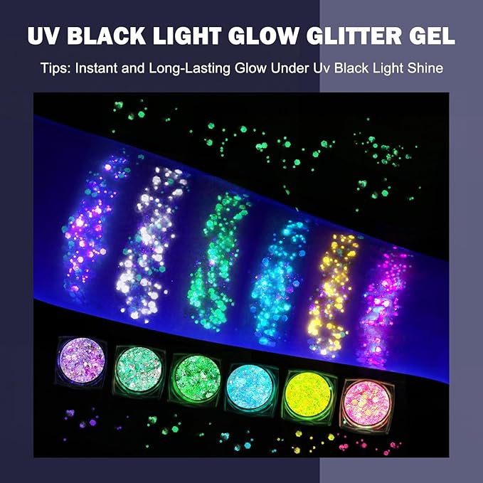 24 Colors Glitter UV Glow in The Dark Gel for Body Face Hair Eyeshadow,UV Black Light Makeup Glitter for Raves Festivals Carnival Party