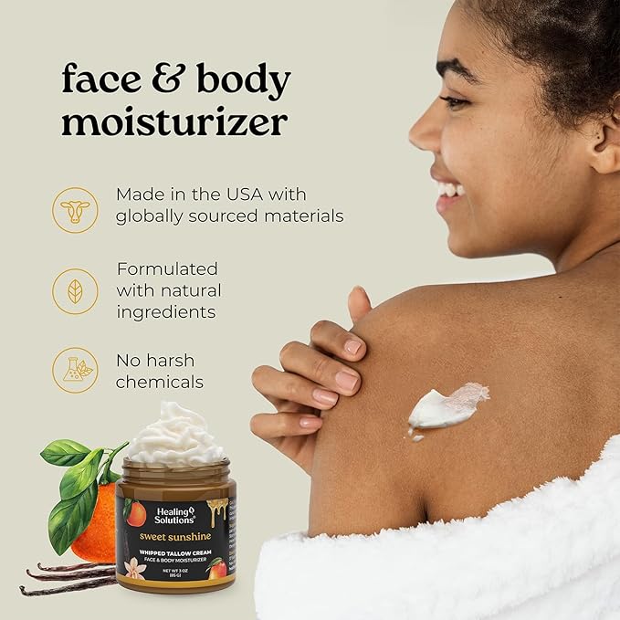 Healing Solutions - Whipped Tallow Balm, Mango, Orange, Vanilla Scent, Grass Fed/Grass Finished Beef Tallow, Organic Jojoba & Manuka Honey for Skin, Face & Body, All Natural Moisturizer, Made in USA