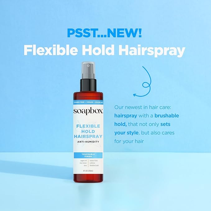 Soapbox Non Aerosol Hairspray - Flexible Hold Hairspray - Scented Anti Frizz Hair Spray with B5 & Aloe Vera - Light Soft Hold, Adds Shine, Non-Aerosol - 8oz