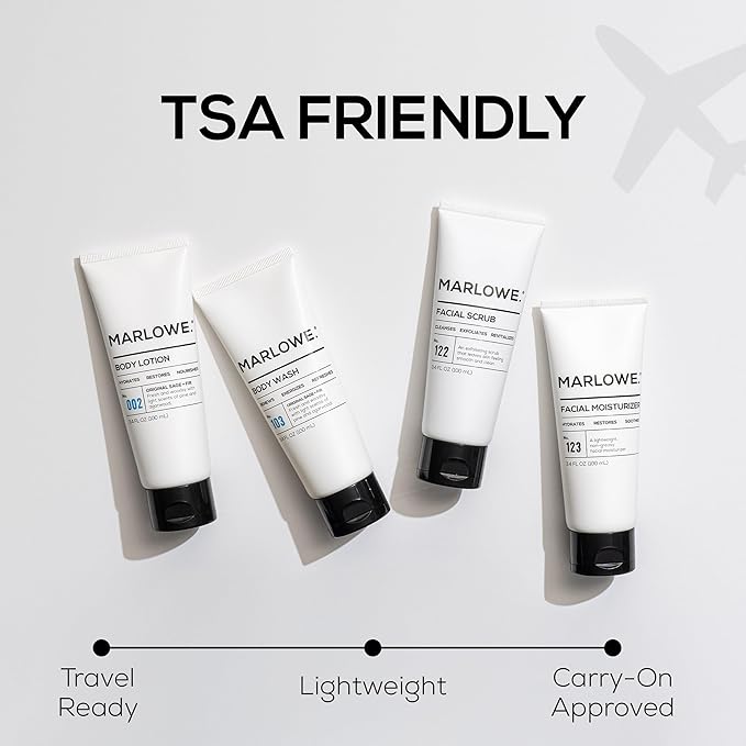 MARLOWE. Travel Essentials Kit, No. 103 Body Wash, No. 002 Body Lotion, No. 122 Facial Scrub & No. 123 Facial Moisturizer, Hydrating, Exfoliating & Nourishing Skin Care Set for All Skin Types