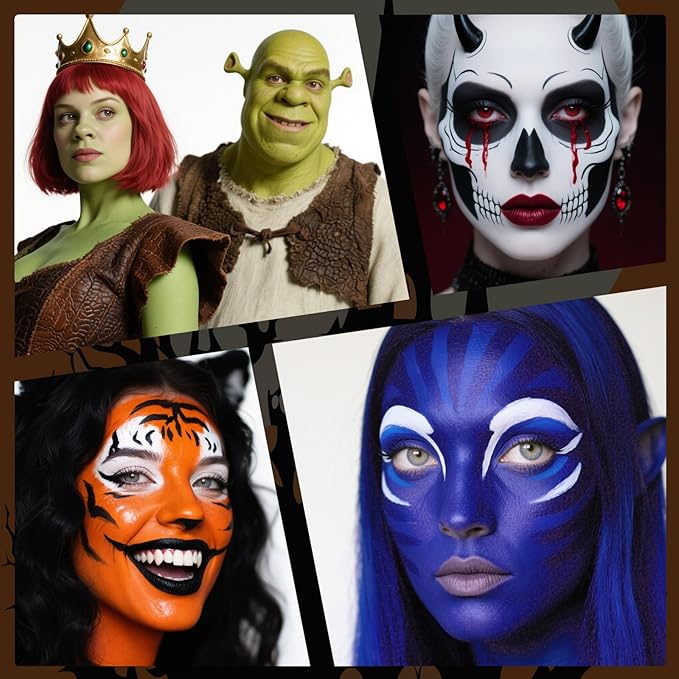 Black White Light Blue Face Body Paint Stick Set with Translucent Setting Powder and Sponges, Professional Full Coverage Face Painting for Adult Halloween Cosplay SFX Corpse Bride Skull Makeup