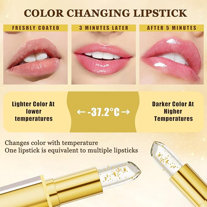 Color Changing Lipstick, Transferproof Gold Crystal Ph Lipstick Color Changing, Clear Lip stick That Changes Color, Nourishing Long Lasting 24 Hours Moisturizing Shine Lip Gloss for Women