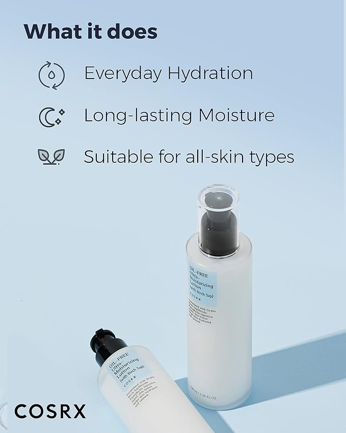 COSRX Oil Free Lotion with Birch Sap, Daily Acne Facial Moisturizer, Hydrating Moisturizer for All Skin Types, Korean Skin Care, 3.38 fl.oz / 100ml