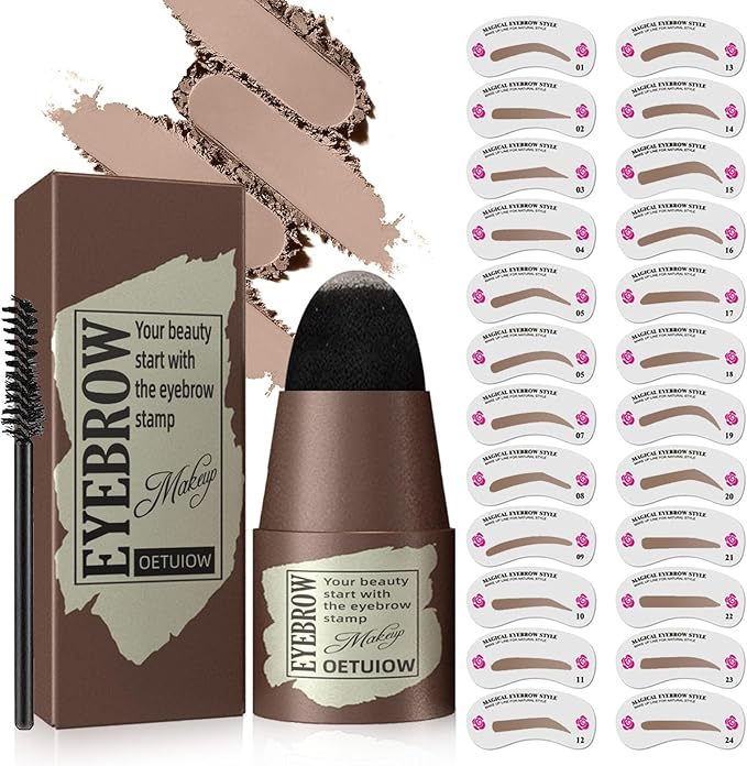 Eyebrow Stamp Stencil Kit - One-Step Eye Brow Stencil Kit with 24 Reusable Thin & Thick Eyebrow Stencils, Long-Lasting Waterproof & Smudge-Proof Brow Stamp Kit for Perfect Eye Makeup (Light Brown)