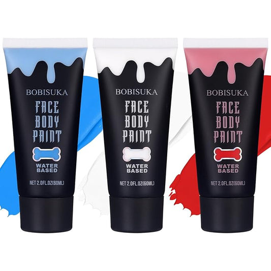 BOBISUKA White + Red + Blue Face Body Paint Kit, Water Based Face Painting for 4th of July Patriotic USA Flag Sports Fan Halloween Clown Zombie Joker Makeup for Women Adults, Non-Toxic Washable