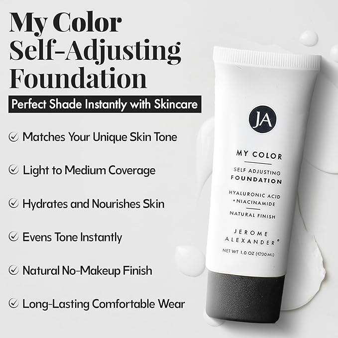 Jerome Alexander My Color Self-Adjusting Foundation, Hydrating & Lightweight Face Makeup, Skincare-Infused, with Kabuki Brush, Light, 1 oz
