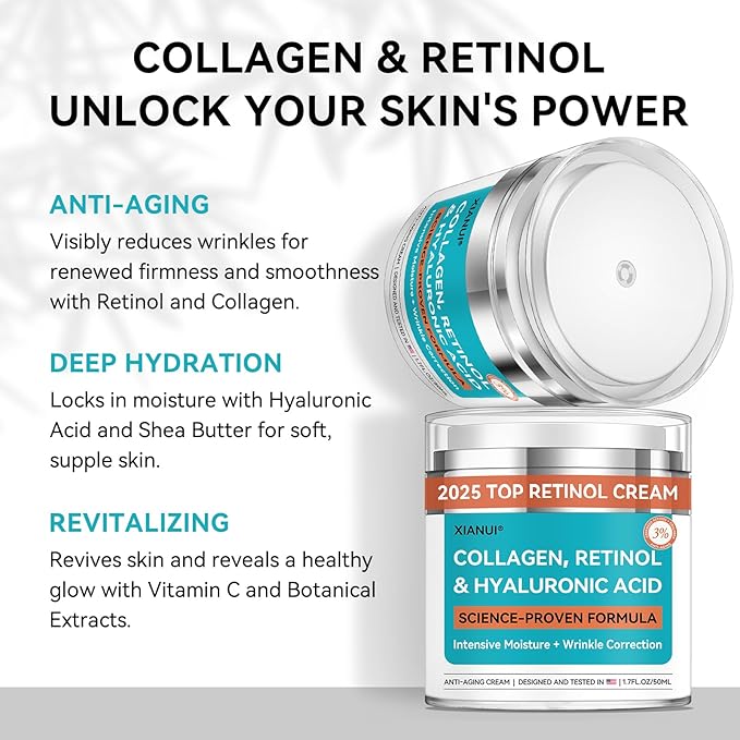 Retinol, Collagen & Hyaluronic Acid Face Cream - Anti-Aging Moisturizer for Face, Neck & Décolleté - Deep Nourishing, Firming & Wrinkle Reduction - Day & Night Use, 1.7 fl.oz.