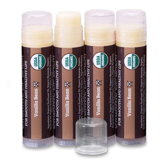 Earth's Daughter USDA Organic Lip Balm 4-Pack Vanilla Flavor - Beeswax, Coconut Oil, Vitamin E - Best Lip Repair Chapstick for Dry Cracked Lips.