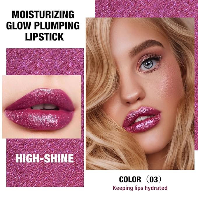 Plum Purple Shimmer Metallic Moisturizing Glow Plumping Lipstick Makeup, Lipstick with Metallic 3D Shine Lightweight Hydrating Formula, Glitter Lip Gloss Stain Long Lasting Waterproof (03#Plum Purple)