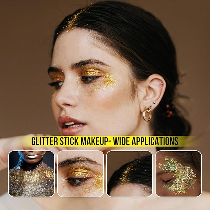 Brzeaf Golden Glitter Stick, Face Glitter Makeup, Shimmery & Long Lasting, Chunky Glitter for Face/Body/Hair/Eyes/Lip, Singer Concert Music Christmas Rave Festival