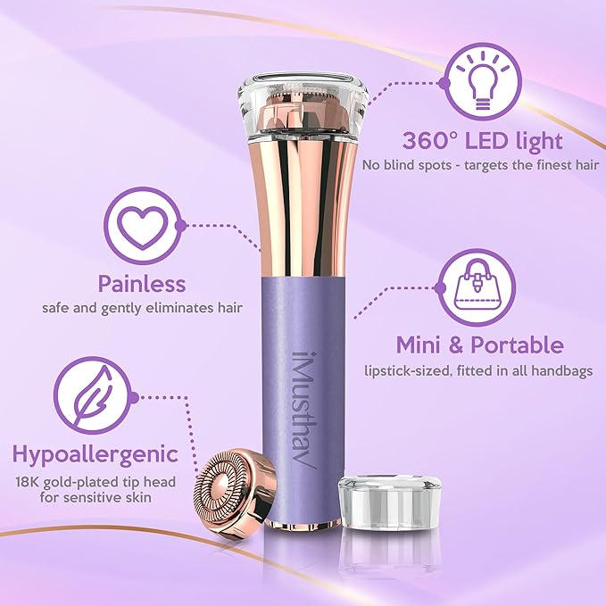 iMusthav Facial Hair Remover for Women – Painless 16mm Dual Ring Floating Head Blade, Portable, Electric Razor & Epilator for Flawless Face, Lips & Chin – with 18K Gold-Plated Head, 360° LED Light