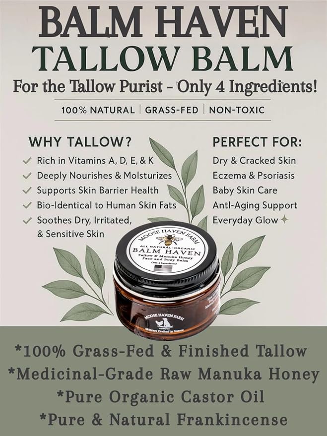 Balm Haven - 100% Grass Fed Tallow and Manuka Honey Balm - Natural Moisturizer for Face, Body & Hands - Deep Hydration & Smooth Texture - Handmade in Small Batches | 1 oz