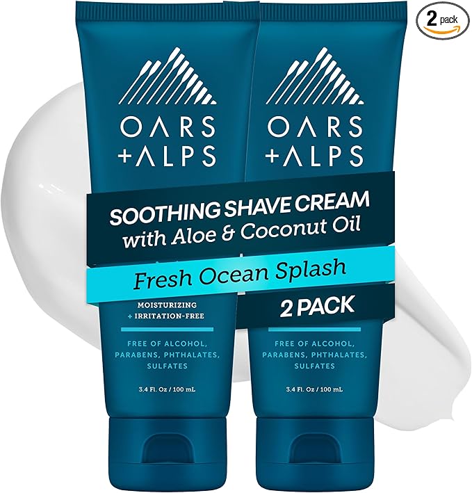 Oars + Alps Soothing Men's Shaving Cream, Dermatologist Tested and Infused with Aloe and Coconut Oil, Fresh Ocean Splash Scent, TSA Friendly, 3.4 Oz, 2 Pack