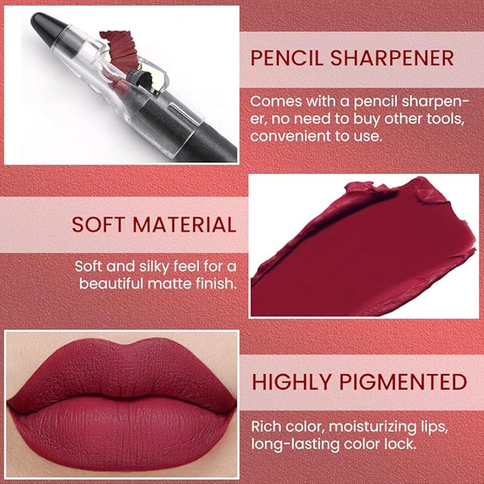 Purple Red Matte Lip Liner Crayon with Sharpener - Waterproof Smudgeproof Long-Wear Lip Pencil, Creamy Pigmented Lip Crayon for Women, 12HR Stay Silky Velvet Lip Liner 07#