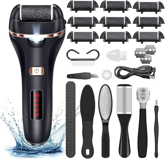 AdamPark Electric Callus Remover for Feet,Rechargeable Foot File Hard Skin Remover,Waterproof 14 in1 Professional Pedicure Kit for Cracked Heels &Dead Skin,with 9 Roller Heads 2 Speed(Black P8)