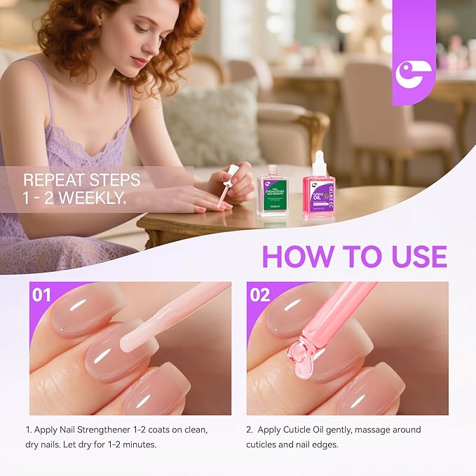 Gelike EC Professional Nail Care Kit: Nude Nail Growth Treatment & Watermelon Cuticle Oil (15ml) - Hydrating Protein Care for Dry Nails - Lightweight Non-Sticky - Perfect for Summer Manicures