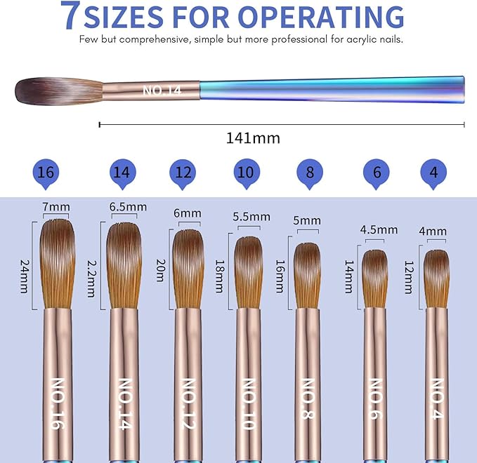 7Pcs Acrylic Nail Art Brush Set -Size 4/6/8/10/12/14/16,Gradient Blue Handle Nail Brushes for Acrylic Application Powder & Nail Extension, 3D Nail Carving Tools for DIY Home Salon