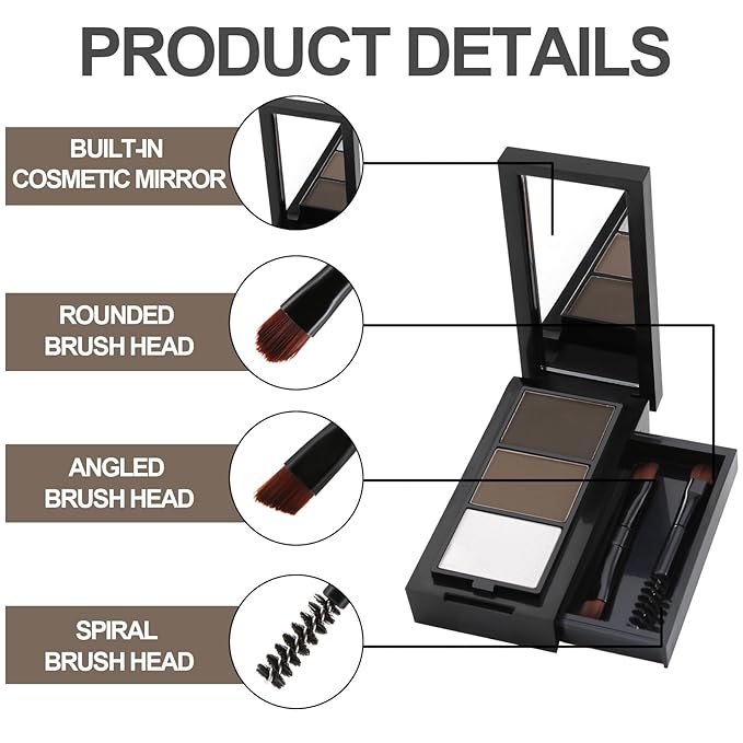 GEUUFEA 3 Colors Eyebrow Makeup Kit, Professional Brow Contour Palette, Waterproof Long-lasting Eyebrow Filler Powder with Mirror & Brow Brush