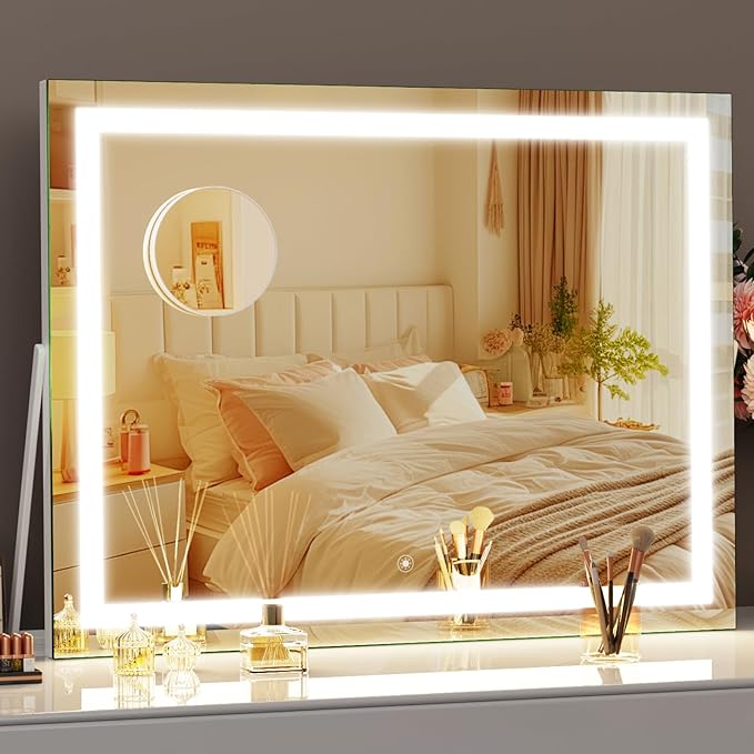 Ligheted Vanity Mirror with Lights, 14" x 12" LED Makeup Mirror, 3 Modes Light, Smart Touch Control Dimmable, 360°Rotation, Rectangle White Frame