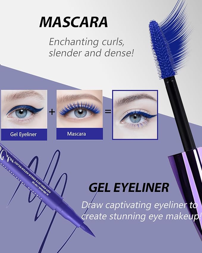 Waterproof Blue Mascara&Liquid Eyeliner Pen Set,Volumizing Colored 5D Fiber Mascara for Eyelash Volume and Length Máscara,Longlasting Smudgeproof Matte Color Eye Liner Pencil Women Party Stage Use