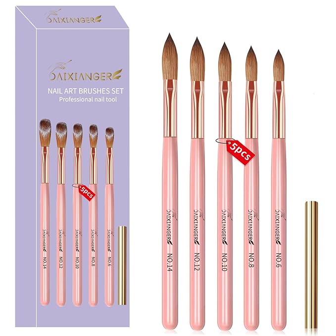 DAIXIANGER 5Pcs Acrylic Nail Art Brush Set -Size 6/8/10/12/14, Rose Gold Handle Nail Brushes for Acrylic Application Powder & Nail Extension, 3D Nail Carving Tools for DIY Home Salon Manicure