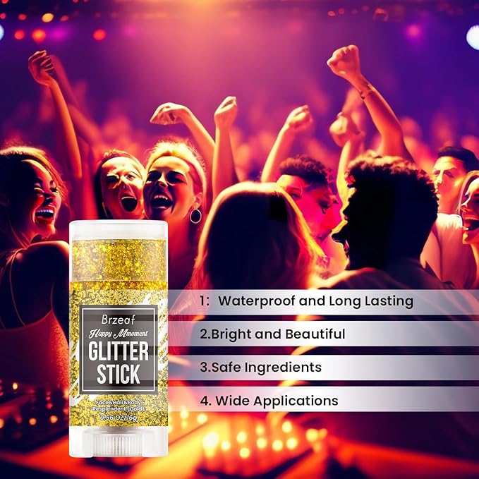 Brzeaf Waterproof Gold Glitter Stick,Christmas Face Glitter Makeup, Shimmery & Long Lasting, Chunky Glitter for Face/Body/Hair/Eyes/Lip, Singer Concert Music Rave Festival