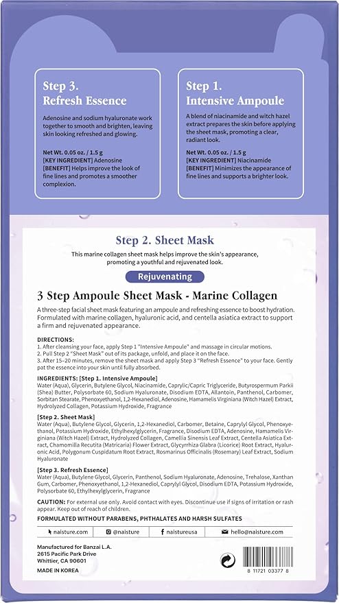 Naisture 3 Step Ampoule Mask with Marine Collagen: Hydrating Set for Skin Elasticity, Smoothing, and Moisture. Korean Skincare Kit with Ampoule, Sheet Mask, and Essence (5 pcs)