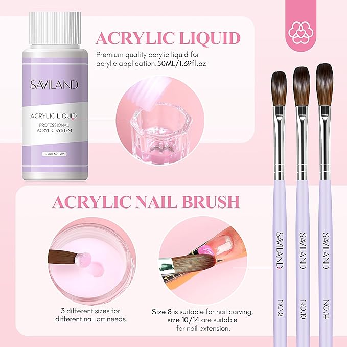 SAVILAND Acrylic Nail Kit Starter Set: Acrylic Nail Kit for Beginners with Everything White Pink Clear Acrylics Powder and Liquid Set #8/10/14 Nail Brush Forms Manicure Tools Home Nail Salon DIY