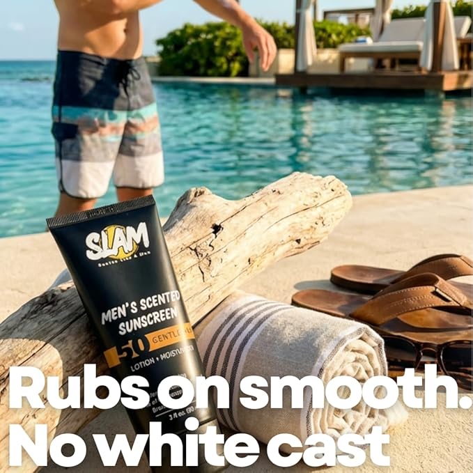 SLAM Men's Sunscreen Lotion SPF 50 & Moisturizer – Face & Body Sunblock, Anti-Aging, Water-Resistant, Hawaii Act 104 Safe, Skincare for Men, Scented & Unscented – 3 fl oz. each- Trio pack.