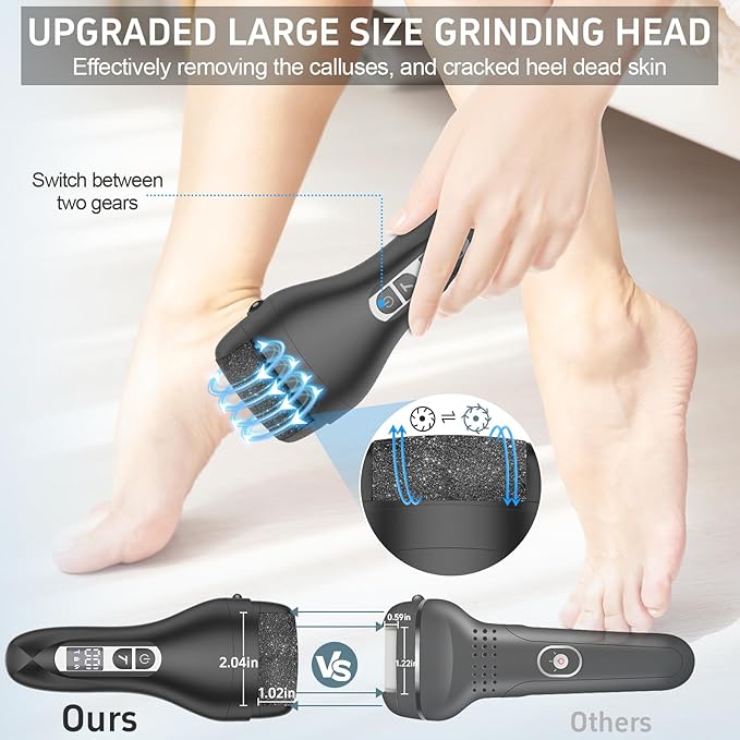 AdamPark Electric Foot File Callus Remover, Rechargeable Pedicure Tools Foot Care Kit, Portable Callus Remover Kit with 3 Roller Heads,2 Speed,Battery Display (Black Z2)