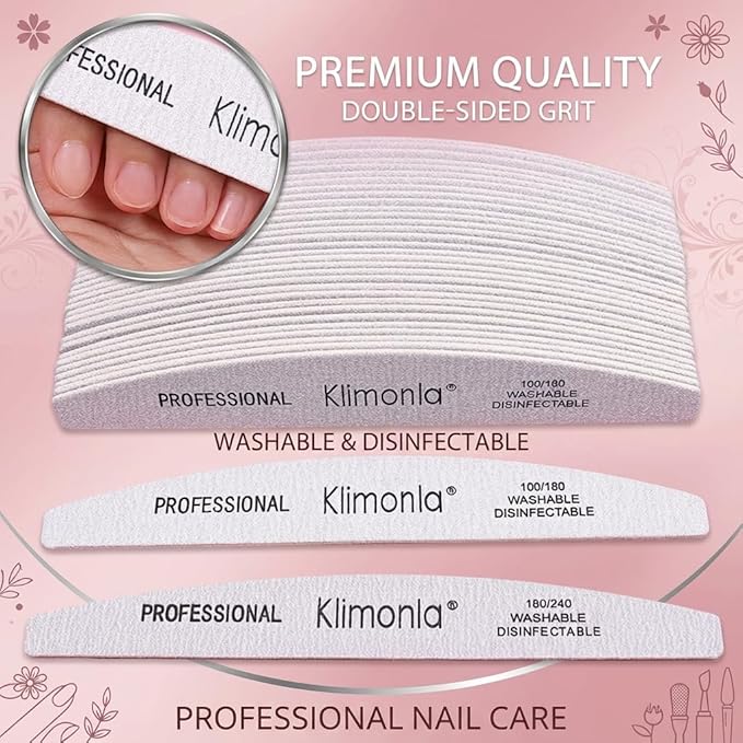 Klimonla 25pcs Professional Half Moon Nail Files Emery Board Set 100/180 Grit Dual-Grit Buffer Files for Natural & Acrylic Nails Tools Suit for Home Salon