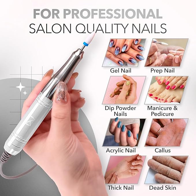 M Mase- Professional Nail Drill Machine - Coreless 2-in-1 Nail File - Electric, Cordless, 35000 RPM, HD Display - Electric Nail Drill for Professional & Home Use (Metallic Gold)