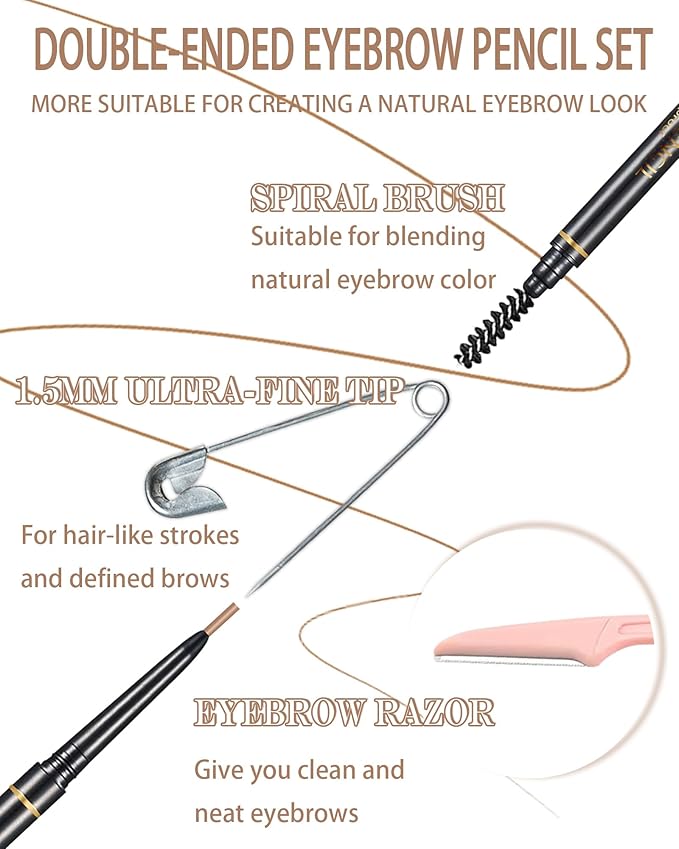 SUMEITANG Light Brown Eye Brow Pencils for Women, 6Pcs Waterproof Eyebrow Pencil, 1.5mm Micro-Fine Tip & Spiral Brush with Brow Razors Perfect for Creating a Natural and Delicate Eyebrow Look Makeup